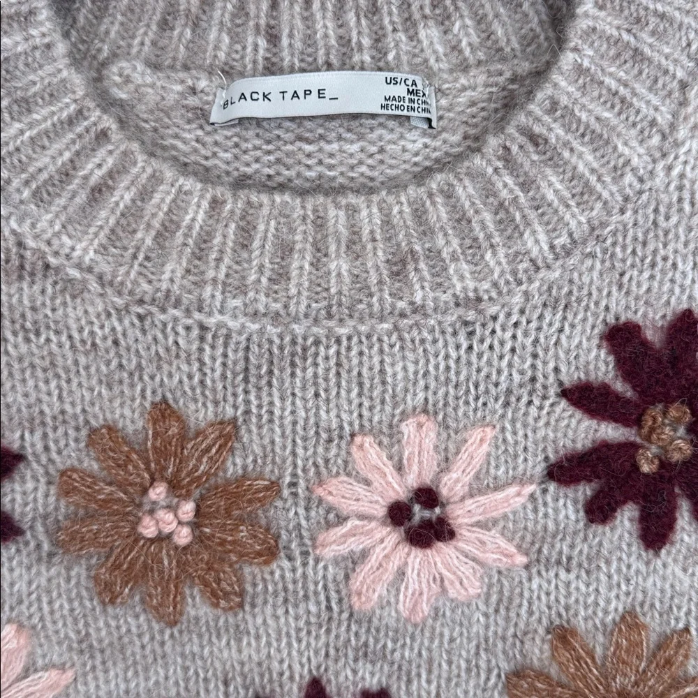 New Black Tape Taupe Sweater with Embroidered Floral Accents - Picture 2 of 5